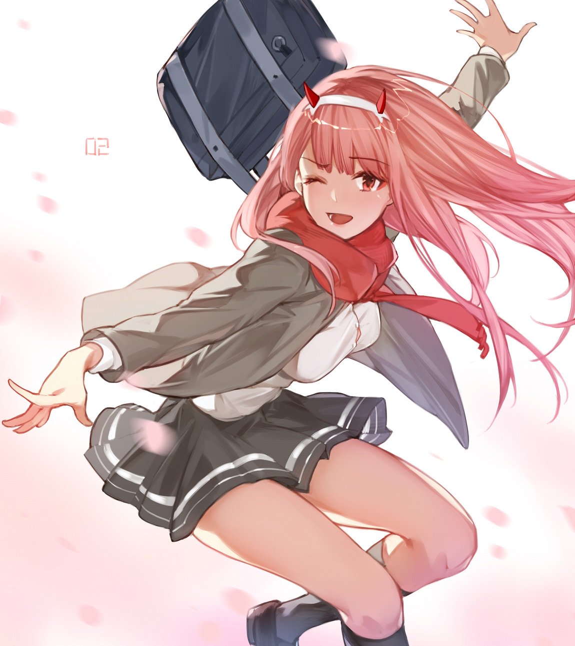1girl alternate_eye_color bag bangs black_footwear blunt_bangs breasts darling_in_the_franxx eyebrows_visible_through_hair floating foot_out_of_frame grey_jacket hairband hana_mori highres horns jacket jumping kneehighs long_hair long_sleeves looking_at_viewer medium_breasts one_eye_closed open_mouth outstretched_arms petals pink_background pink_hair red_eyes red_neckwear red_scarf scarf school school_bag school_uniform shirt solo thighs white_background white_hairband white_shirt zero_two_(darling_in_the_franxx)