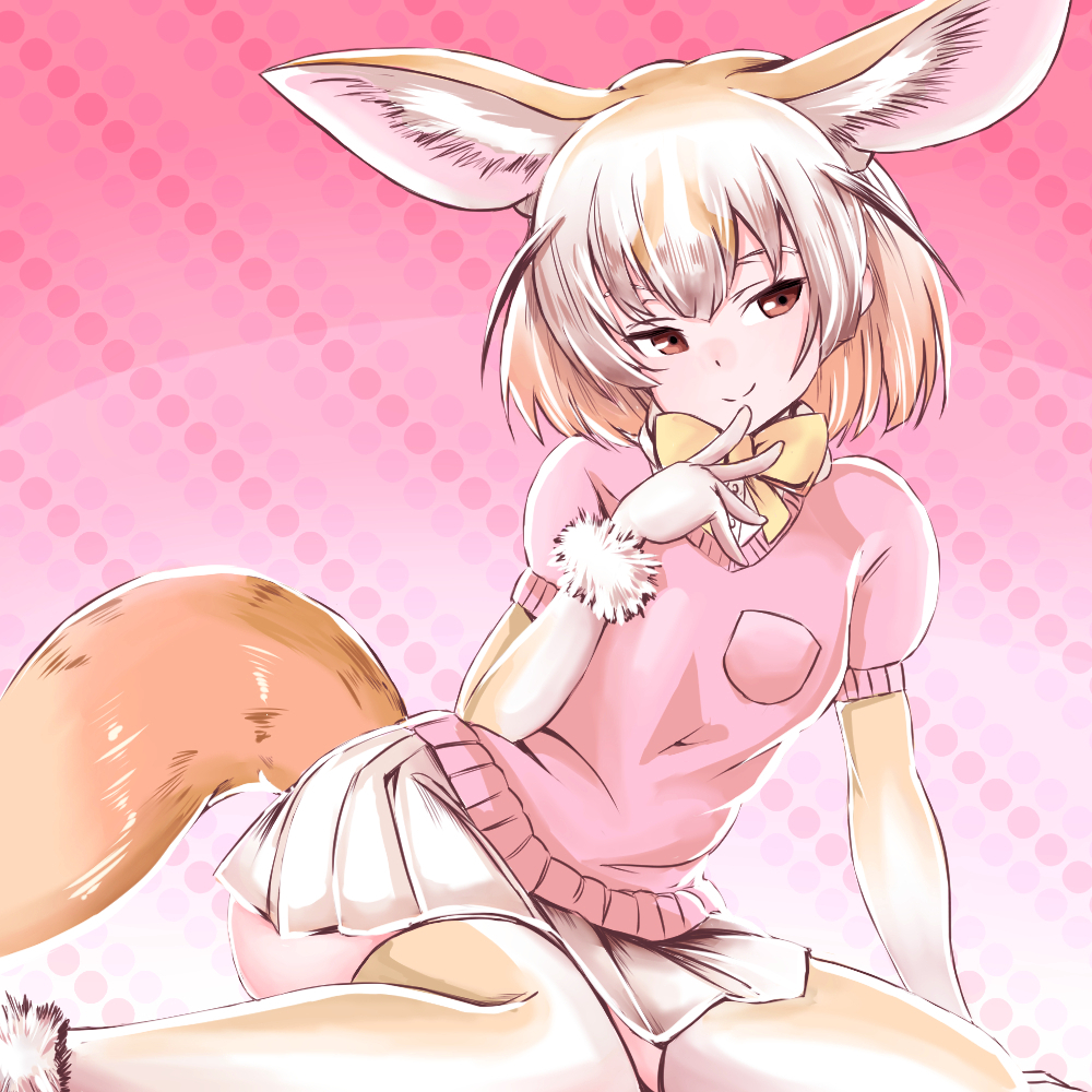 1girl akegata_tobari animal_ears blonde_hair bow bowtie brown_eyes closed_mouth commentary fennec_(kemono_friends) fox_ears fox_tail fur_trim kemono_friends miniskirt pink_background pink_shirt pleated_skirt shirt shirt_pocket short_hair short_sleeves skirt smile solo tail thigh-highs thighs white_skirt yellow_legwear yellow_neckwear