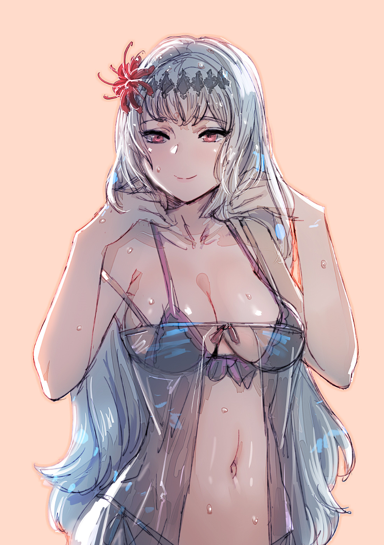 1girl babydoll bikini blue_eyes bow_(bhp) breasts flower granblue_fantasy hair_flower hair_ornament hairband jeanne_d'arc_(granblue_fantasy) large_breasts long_hair navel see-through silver_hair simple_background smile solo swimsuit wet