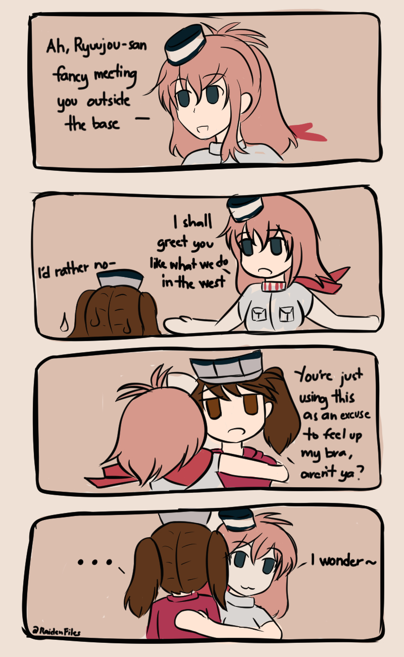 brown_hair comic english hair_between_eyes highres iam japanese_clothes kantai_collection long_hair multiple_girls neckerchief ponytail red_neckwear ryuujou_(kantai_collection) saratoga_(kantai_collection) seitokai_yakuindomo side_ponytail twintails visor_cap