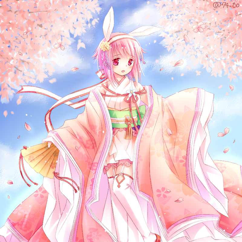 1girl animal_ears blue_sky blush cherry_blossoms clouds commentary_request day fan fire_emblem fire_emblem_if flower folding_fan garter_straps hair_flower hair_ornament hairband holding holding_fan japanese_clothes kimono long_sleeves looking_away looking_to_the_side obi open_mouth outdoors pink_flower pink_hair pink_kimono rabbit_ears red_footwear sakura_(fire_emblem_if) sandals sasaki_fumi sash short_kimono sky sleeves_past_fingers sleeves_past_wrists solo standing standing_on_one_leg thigh-highs violet_eyes white_hairband white_legwear wide_sleeves yellow_flower