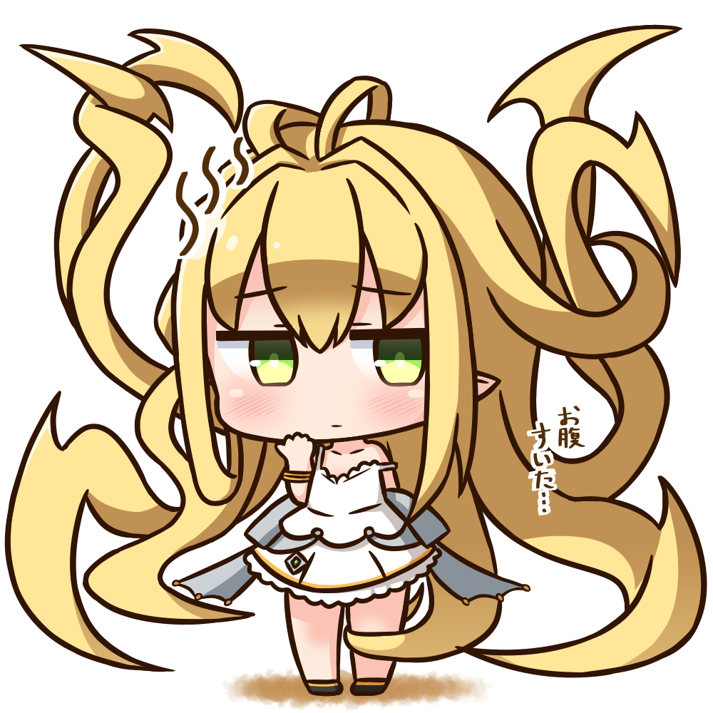 1girl absurdly_long_hair bangs bare_shoulders black_footwear blonde_hair blush chibi closed_mouth collarbone commentary_request dress eyebrows_visible_through_hair full_body granblue_fantasy green_eyes hair_between_eyes hana_kazari long_hair looking_at_viewer melissabelle prehensile_hair shoes sleeveless sleeveless_dress solo standing translation_request very_long_hair white_dress