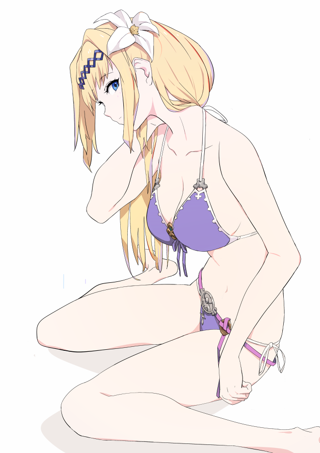 1girl bare_shoulders barefoot bikini blonde_hair blue_eyes breasts cleavage collarbone commentary_request flower from_side front-tie_bikini front-tie_top granblue_fantasy hair_flower hair_ornament hair_over_shoulder hairband jeanne_d'arc_(granblue_fantasy) long_hair looking_at_viewer navel profile purple_bikini side-tie_bikini simple_background sitting sohin solo strap_gap string_bikini swimsuit wariza white_background