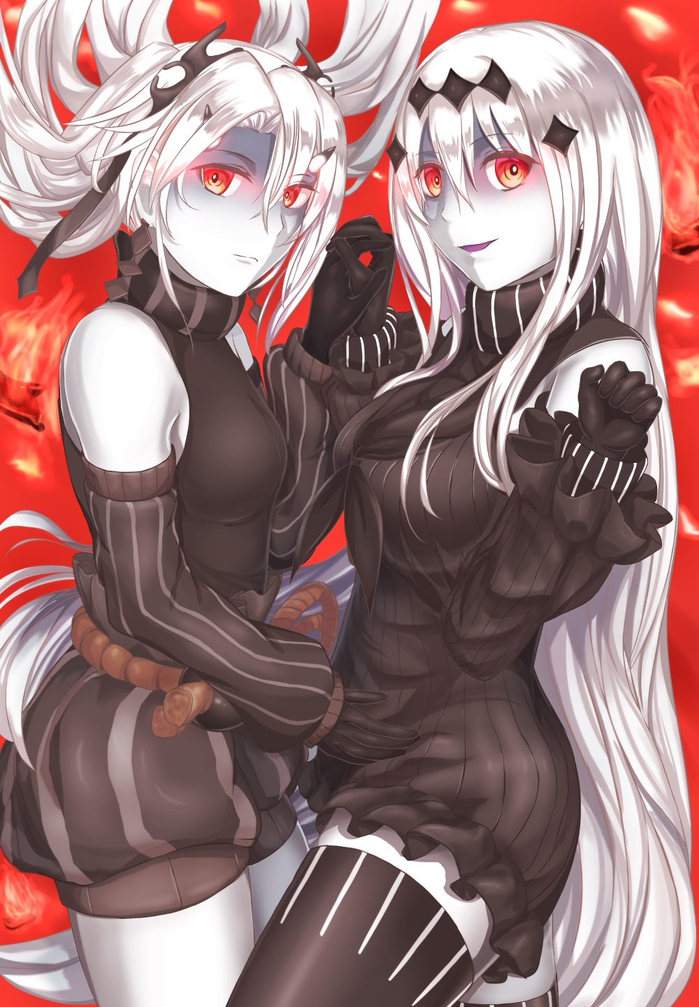 2girls abyssal_crane_hime aircraft_carrier_water_oni armor armored_boots black_dress black_legwear boots detached_sleeves dress hand_holding highres horns japanese_clothes kantai_collection long_hair multiple_girls red_background red_eyes ribbed_dress sabakuomoto sailor_dress shinkaisei-kan short_dress thigh-highs very_long_hair white_hair white_skin