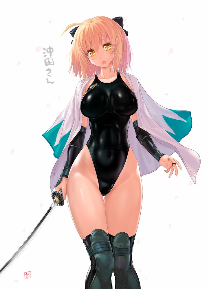 1girl ahoge asics black_bow black_scarf black_swimsuit blonde_hair bow character_name commentary_request competition_swimsuit covered_navel erect_nipples fate/grand_order fate_(series) gauntlets grey_legwear hair_bow japanese_clothes katana kimono koha-ace logo looking_at_viewer nyanko_batake okita_souji_(fate) one-piece_swimsuit open_mouth scarf shinsengumi short_hair short_kimono simple_background solo standing swimsuit sword thigh-highs weapon white_background yellow_eyes