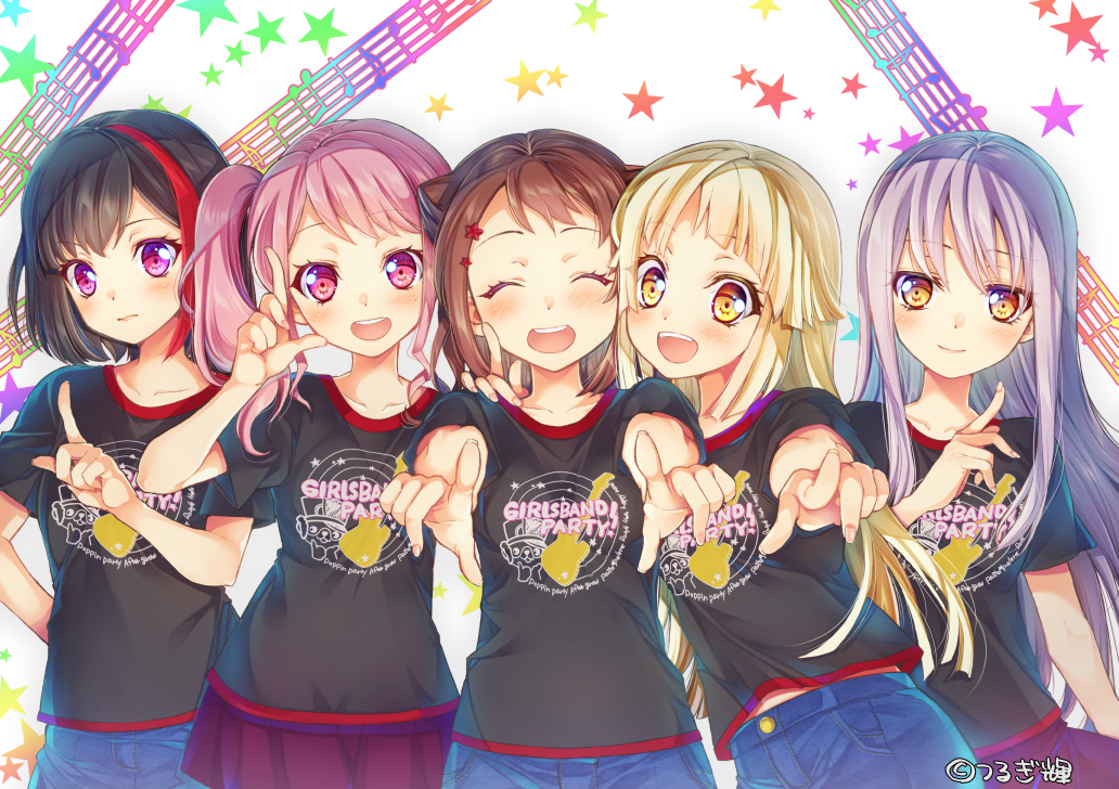 5girls :d ^_^ artist_name bang_dream! bangs black_hair black_shirt blonde_hair brown_hair closed_eyes clothes_writing commentary_request hair_ornament hand_on_another's_shoulder highlights index_finger_raised lavender_hair long_hair maruyama_aya minato_yukina miniskirt mitake_ran multicolored_hair multiple_girls musical_note open_mouth pink_eyes pink_hair pointing pointing_at_viewer purple_skirt redhead shirt short_hair short_sleeves skirt smile staff_(music) star star_hair_ornament t-shirt toyama_kasumi tsurugi_hikaru tsurumaki_kokoro twintails violet_eyes yellow_eyes