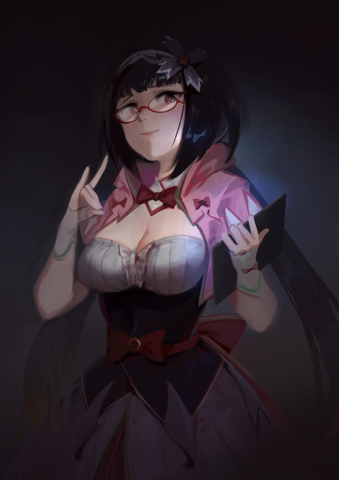 1girl 3four black_hair breasts capelet cleavage closed_mouth commentary_request dark dress fate/grand_order fate_(series) fingerless_gloves flower fox_shadow_puppet glasses gloves grey_background hair_flower hair_ornament hairband holding large_breasts long_hair looking_at_viewer low_twintails osakabe-hime_(fate/grand_order) red-framed_eyewear red_eyes sash smile solo standing tablet twintails upper_body very_long_hair white_gloves
