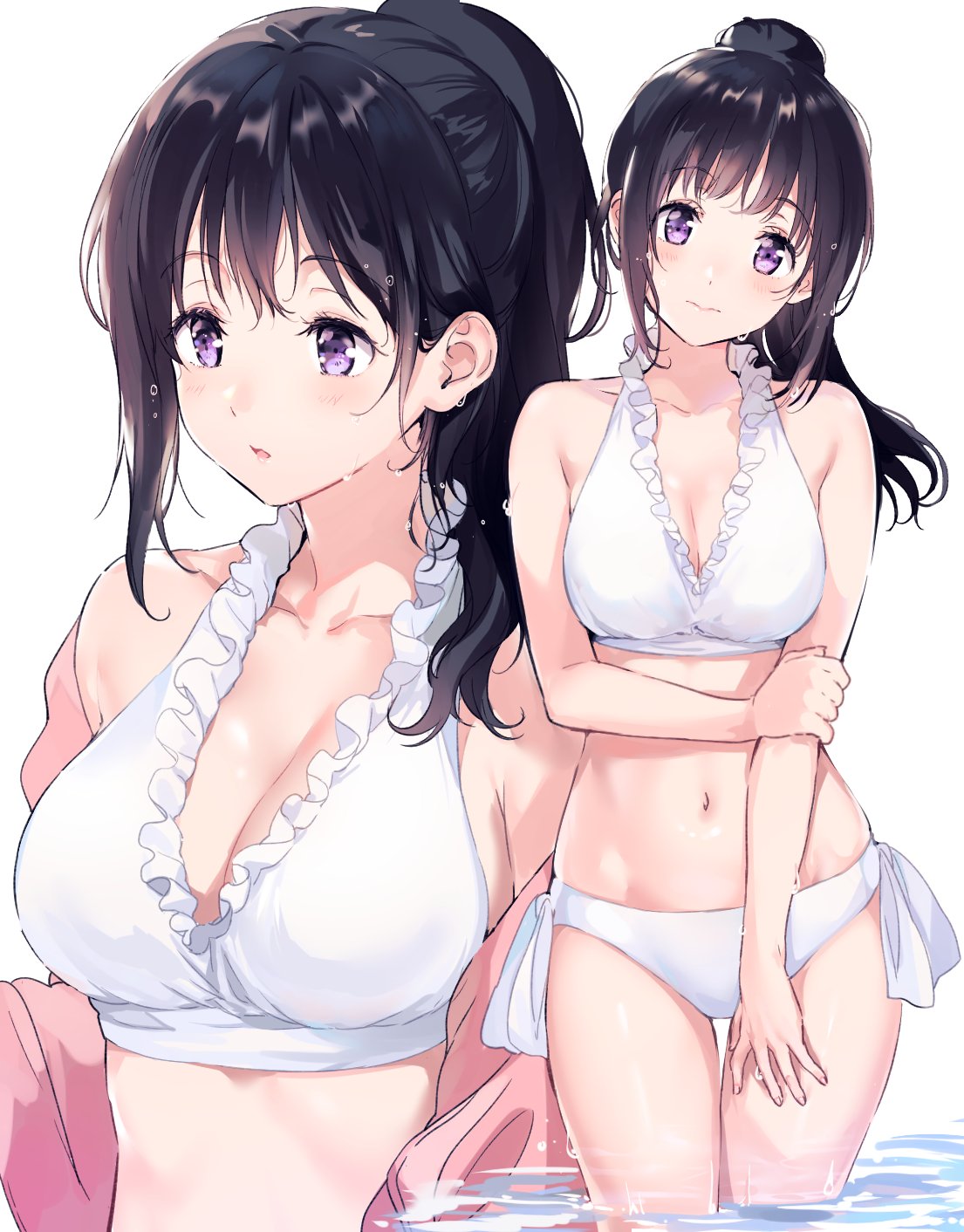 1girl arm_grab bikini black_hair breasts chitanda_eru cleavage commentary_request highres hyouka long_hair looking_at_viewer medium_breasts mery_(apfl0515) multiple_views navel parted_lips ponytail swimsuit thigh_gap violet_eyes wet wet_hair white_bikini