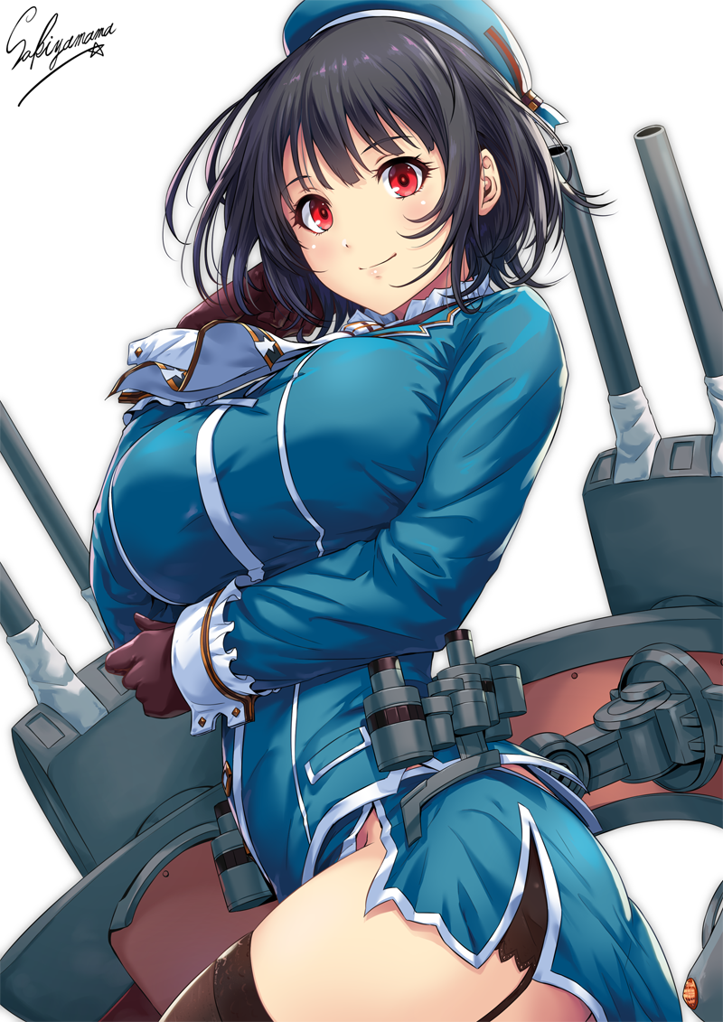 1girl artist_name ass beret black_gloves black_hair black_panties blue_hat blue_jacket blush breasts cannon closed_mouth cowboy_shot eyebrows_visible_through_hair garter_straps gloves hand_on_own_cheek hand_to_own_mouth hat jacket kantai_collection large_breasts long_sleeves looking_at_viewer messy_hair panties red_eyes rigging sakiyamama short_hair simple_background skirt smile solo takao_(kantai_collection) thigh-highs thighs turret twisted_torso underwear white_background