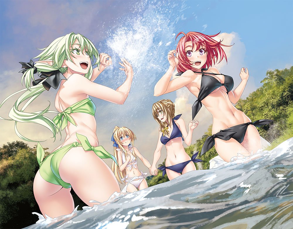 4girls bikini blonde_hair blue_eyes blush breasts day elf goblin_slayer! guild_girl_(goblin_slayer!) high_elf_archer_(goblin_slayer!) long_hair multiple_girls navel open_mouth pointy_ears priestess_(goblin_slayer!) redhead small_breasts splashing swimsuit