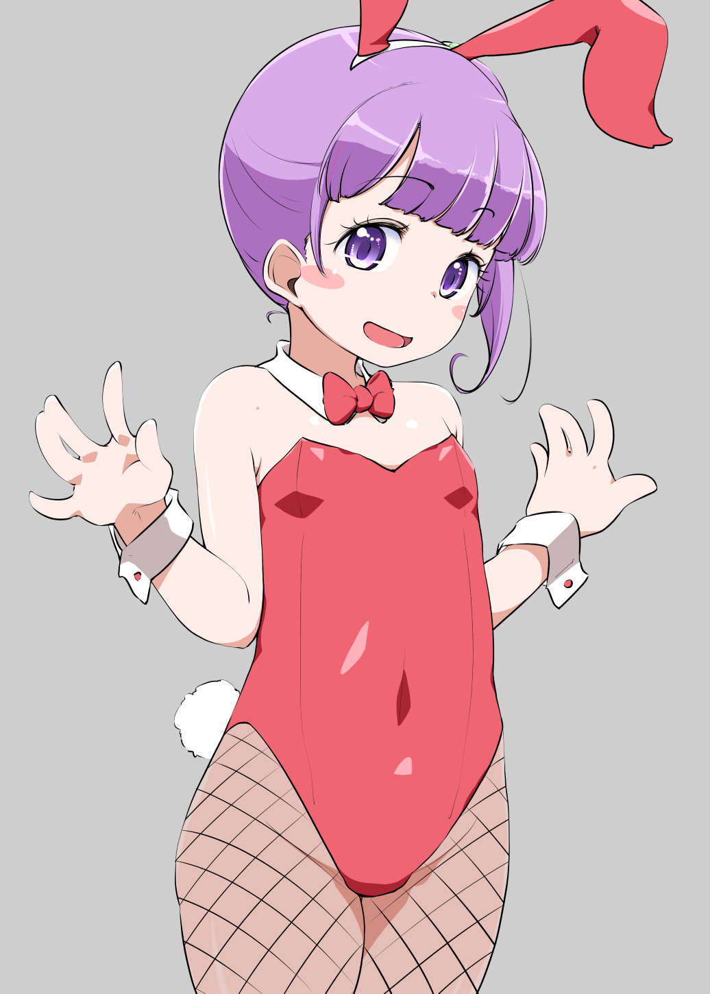 1girl blush_stickers bunnysuit child covered_navel fishnet_pantyhose fishnets flat_chest grey_background highres looking_at_viewer manaka_non open_mouth pantyhose pripara purple_hair short_hair simple_background smile solo standing violet_eyes yonekura_hisaki