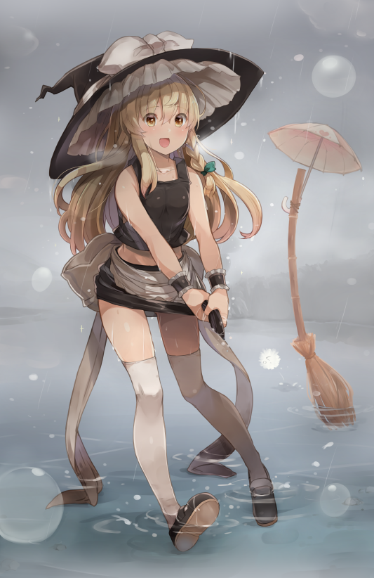 1girl :d apron bare_shoulders black_skirt black_tank_top blonde_hair blush braid breasts commentary_request crop_top full_body hat hat_ribbon kirisame_marisa long_hair looking_at_viewer medium_breasts miniskirt open_mouth outdoors over-kneehighs rain ribbon shin_(new) skirt smile solo thigh-highs touhou umbrella very_long_hair waist_apron wet wet_clothes white_legwear white_ribbon witch_hat wringing_clothes yellow_eyes