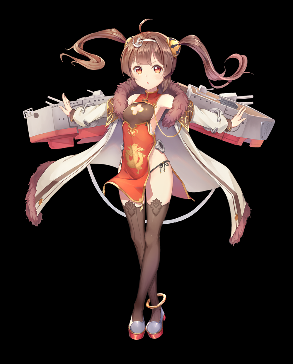 1girl ahoge anchor_hair_ornament azur_lane bangs bare_shoulders black_background black_legwear black_panties blush breasts brown_eyes brown_hair china_dress chinese_clothes commentary_request dress eyebrows_visible_through_hair floating_hair full_body fur-trimmed_jacket fur_trim grey_footwear hair_ornament hairband hairpods high_heels highleg highleg_panties highres hon_(neo2462) jacket long_hair long_sleeves looking_at_viewer medium_breasts outstretched_arms panties parted_lips pelvic_curtain ping_hai_(azur_lane) puffy_long_sleeves puffy_sleeves red_dress side-tie_panties solo spread_arms thigh-highs twintails underwear v-shaped_eyebrows white_hairband white_jacket
