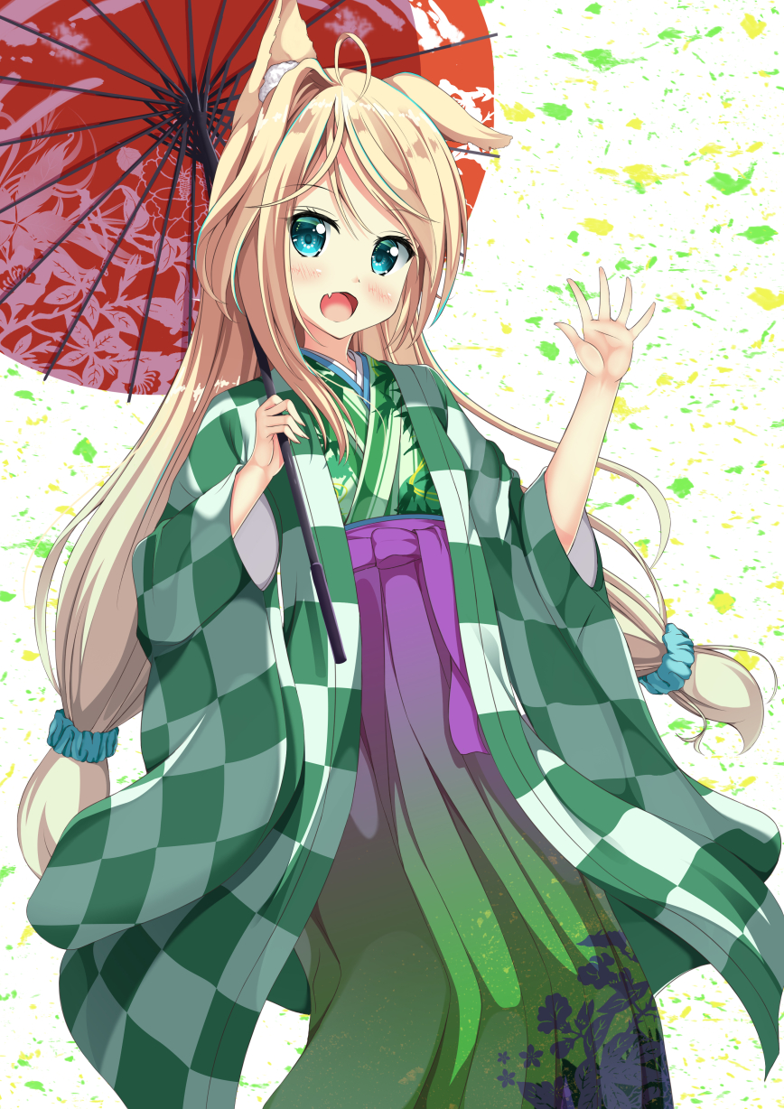 1girl :d animal_ears bangs blue_eyes blue_hair blue_scrunchie blush checkered closed_eyes commentary_request fang fox_ears fox_girl gradient gradient_hakama green_hakama green_kimono hair_ornament hair_scrunchie hakama hand_up highres holding holding_umbrella japanese_clothes kimono long_hair long_sleeves looking_at_viewer low-tied_long_hair low_twintails multicolored multicolored_clothes multicolored_hair open_mouth oriental_umbrella original print_hakama print_kimono print_umbrella purple_hakama red_umbrella scrunchie sidelocks smile solo streaked_hair tsuyukina_fuzuki twintails umbrella very_long_hair white_background wide_sleeves