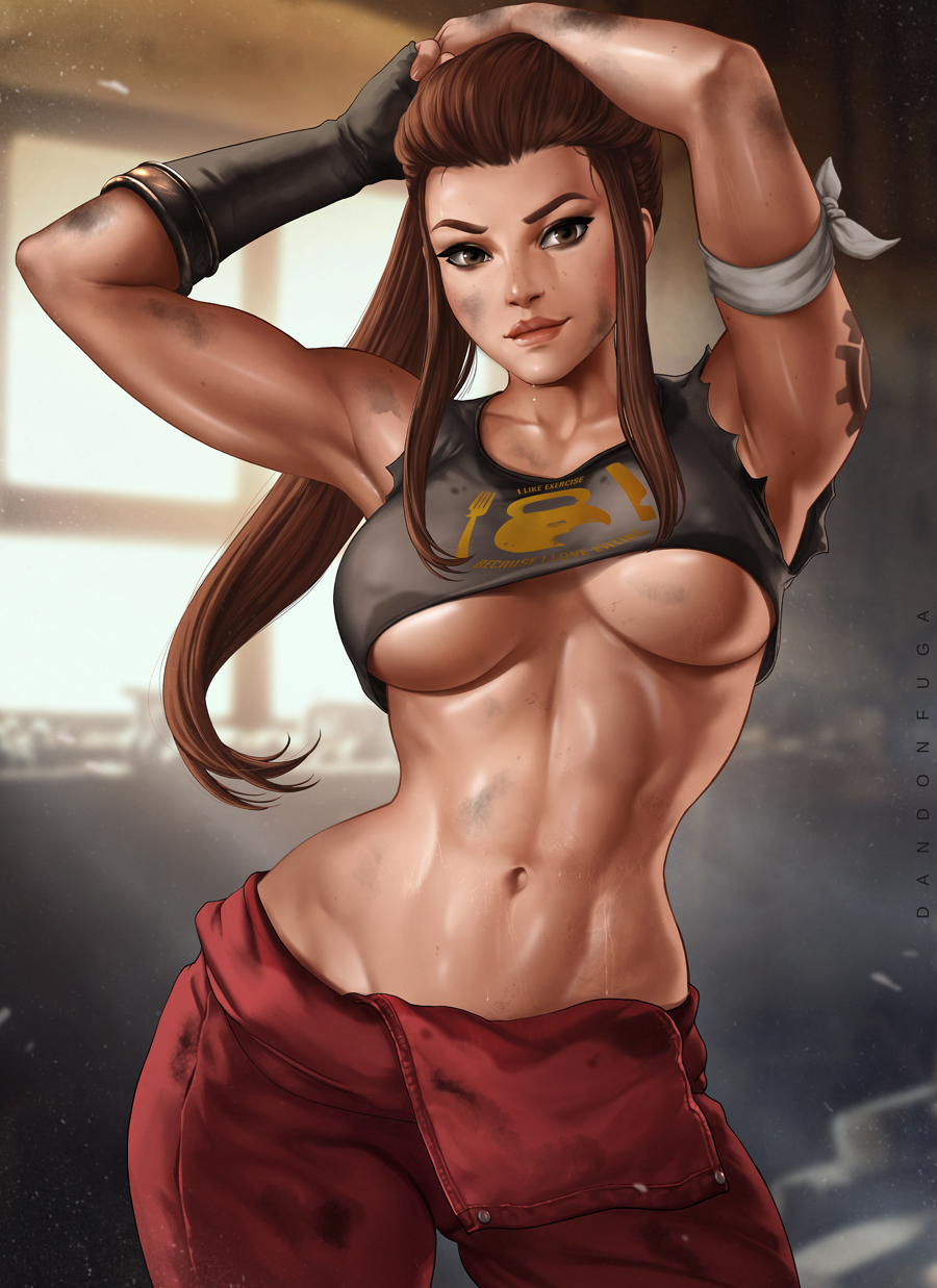 1girl abs arm_tattoo arms_up biceps breasts brigitte_(overwatch) brown_eyes brown_hair cleavage contrapposto crop_top dandon_fuga dirty gloves highres looking_at_viewer navel overwatch pinup ponytail single_glove smile solo stomach sweat tattoo toned underboob