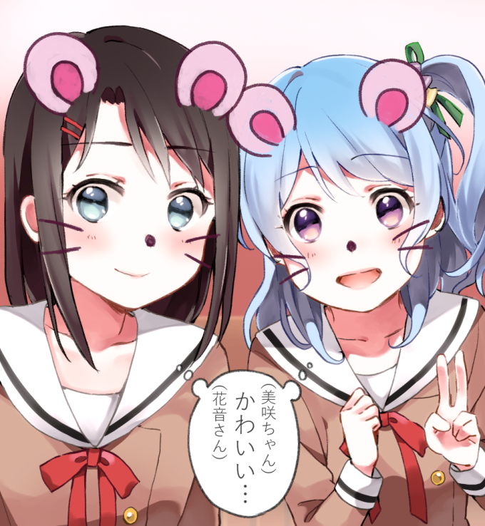 2girls :d animal_ears bang_dream! bangs black_hair blue_eyes blue_hair clenched_hand flower hair_flower hair_ornament hair_ribbon hairpin hand_on_own_chest light_blush looking_at_viewer matsubara_kanon multiple_girls okusawa_misaki one_side_up open_mouth red_ribbon ribbon school_uniform serafuku smile snapchat translation_request upper_body v violet_eyes whiskers yae_(eky_567)