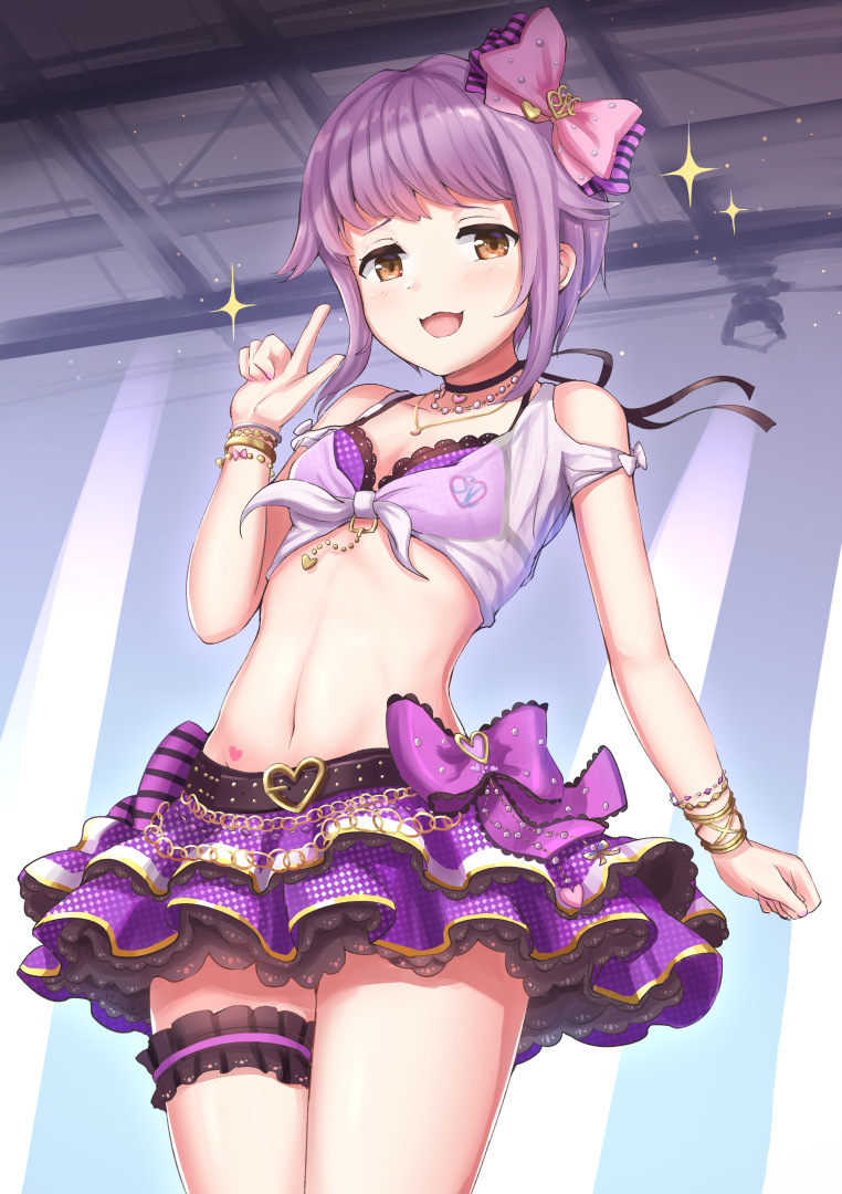 1girl :3 :d bangs bare_shoulders belt bikini bikini_top black_choker blush bow bracelet breasts choker commentary_request cowboy_shot crop_top from_below front-tie_top hair_bow hair_intakes heart heart_tattoo idolmaster idolmaster_cinderella_girls idolmaster_cinderella_girls_starlight_stage jewelry koshimizu_sachiko lace lace-trimmed_bikini lace-trimmed_skirt layered_skirt leg_garter light_particles looking_at_viewer manda_(manda9n) midriff miniskirt navel necklace open_mouth pendant pink_bow pointing pointing_up polka_dot polka_dot_bikini_top polka_dot_skirt purple_bikini_top purple_bow purple_hair purple_skirt see-through sidelocks skirt small_breasts smile solo sparkle stage stage_lights standing stomach striped striped_bow swimsuit tattoo yellow_eyes