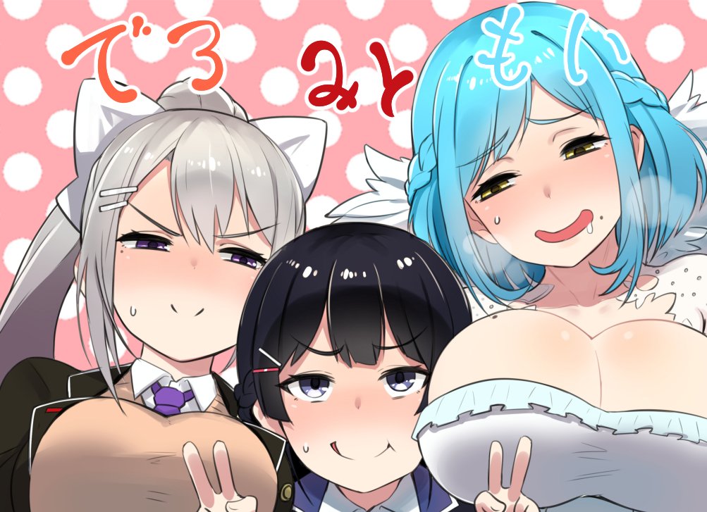 3girls blue_hair breasts hair_ornament hairclip higuchi_kaede huge_breasts large_breasts long_hair medium_breasts moira_(nijisanji) mole mole_on_breast multiple_girls nijisanji nuezou short_hair silver_hair smile translation_request tsukino_mito violet_eyes