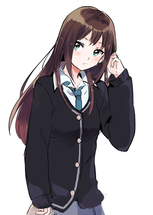 1girl :/ aqua_eyes bangs black_sweater blue_neckwear blush breasts brown_hair buttons closed_mouth collared_shirt frown grey_skirt hair_intakes hand_up idolmaster idolmaster_cinderella_girls long_hair long_sleeves looking_away looking_to_the_side medu_(rubish) necktie pleated_skirt shibuya_rin shirt simple_background skirt sleeves_past_wrists small_breasts solo straight_hair sweater white_background white_shirt