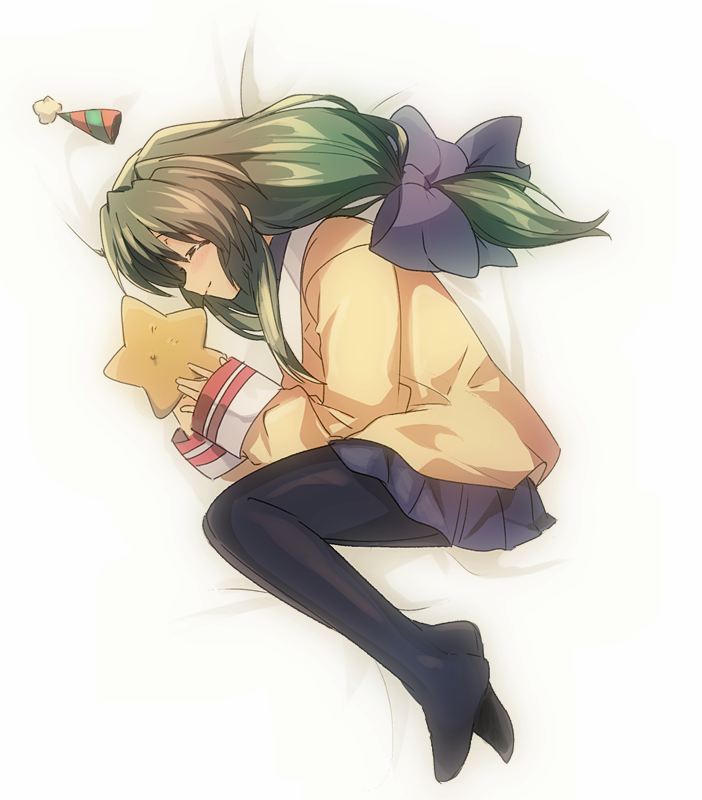 1girl bangs bed_sheet black_legwear blue_bow blue_skirt blush bow clannad closed_mouth fetal_position green_hair hair_between_eyes hair_bow hat hikarizaka_private_high_school_uniform ibuki_fuuko long_hair long_sleeves looking_at_viewer low-tied_long_hair lying medu_(rubish) miniskirt on_side pantyhose party_hat pleated_skirt school_uniform sidelocks skirt sleeve_cuffs smile solo starfish