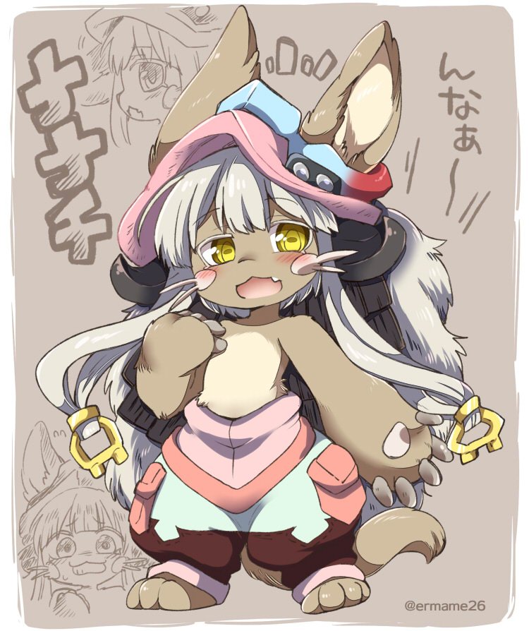 /\/\/\ 1girl :d animal_ears bangs bare_arms bare_shoulders barefoot blush claws colored_eyelashes eromame eyebrows eyebrows_visible_through_hair fang full_body fur furry hair_between_eyes hair_ornament hat horizontal_pupils horned_headwear horns legs_apart long_hair made_in_abyss nanachi_(made_in_abyss) open_mouth pants pocket puffy_pants rabbit_ears silver_hair smile solo standing tail topless twitter_username whiskers yellow_background