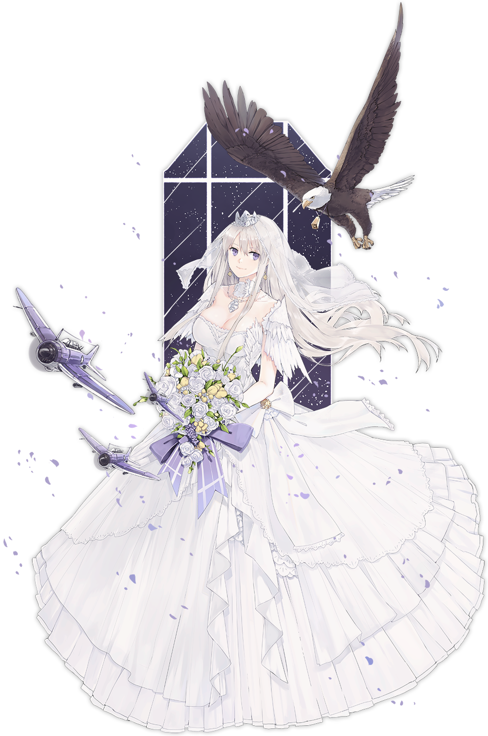 1girl aircraft airplane animal azur_lane bald_eagle bangs bare_shoulders bell bird bouquet bow breasts bridal_veil cleavage closed_mouth collarbone dress eagle earrings enterprise_(azur_lane) eyebrows floating_hair flower full_body hair_between_eyes hao_(patinnko) highres holding holding_bouquet jewelry large_breasts leaf long_hair necklace official_art petals rose sidelocks silver_hair simple_background smile solo standing straight_hair strapless strapless_dress tachi-e tiara transparent_background veil violet_eyes wedding_dress white_bow white_dress white_flower white_rose