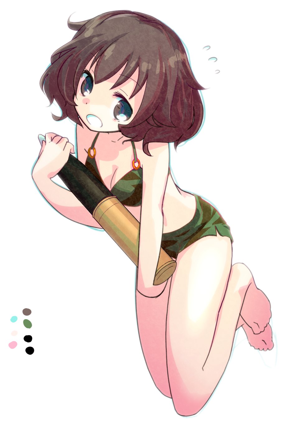 1girl akiyama_yukari barefoot bikini bikini_shorts breasts brown_eyes brown_hair camouflage camouflage_bikini cleavage color_guide commentary_request eyebrows_visible_through_hair flying_sweatdrops full_body girls_und_panzer green_bikini head_tilt highres holding kneeling looking_at_viewer messy_hair moro_(like_the_gale!) open_mouth short_hair shorts small_breasts solo swimsuit tank_shell white_background