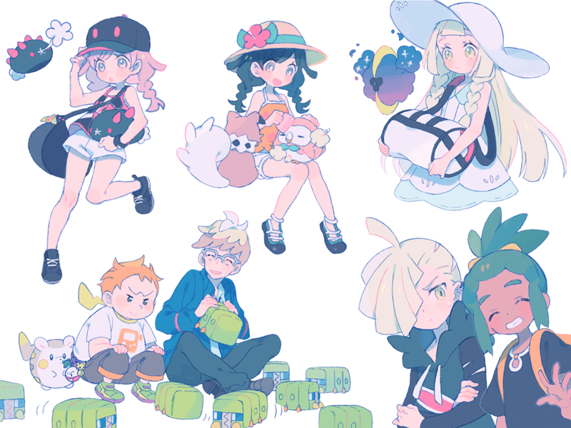 2girls 4boys bag baseball_cap black_hair black_shirt blonde_hair braid brother_and_sister charjabug closed_eyes cosmog dark_skin dark_skinned_male dress duffel_bag flower gladio_(pokemon) glasses green_eyes green_hair grin hair_over_one_eye handbag hat hat_flower hau_(pokemon) jacket lillie_(pokemon) long_hair long_sleeves mamane_(pokemon) mizuki_(pokemon_usum) mullein_(pokemon) multiple_boys multiple_girls open_mouth orange_hair pants poke_ball_theme pokemon pokemon_(creature) pokemon_(game) pokemon_usum ponytail pyukumuku rockruff rowlet shirt shorts siblings simple_background sitting sleeveless sleeveless_dress smile squatting sun_hat sweetholic tank_top togedemaru torn_clothes trial_captain twin_braids white_background white_dress white_hat white_shorts