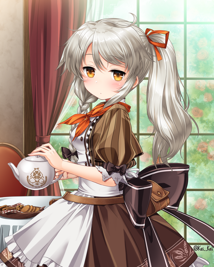 1girl apron bag black_bow blush bow braid brown_dress brown_eyes chair cookie cowboy_shot curtains dress expressionless flower_knight_girl food grey_hair jitome kei_kei komugi_(flower_knight_girl) long_hair looking_at_viewer ponytail side_braid solo table teapot twitter_username white_apron window