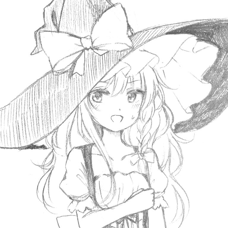 1girl :d blush braid collarbone commentary dirndl dress german_clothes hand_on_own_chest hat kirisame_marisa long_hair looking_at_viewer low-cut open_mouth puffy_short_sleeves puffy_sleeves short_sleeves side_braid single_braid sketch smile solo sweatdrop touhou wavy_hair witch_hat yururi_nano