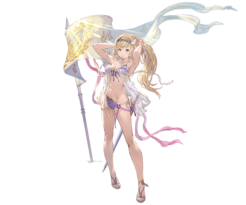 1girl armpits arms_up battle_standard bikini blonde_hair blue_eyes breasts cleavage flower front-tie_bikini front-tie_top full_body granblue_fantasy hair_flower hair_ornament hairband jeanne_d'arc_(granblue_fantasy) large_breasts long_hair looking_at_viewer minaba_hideo navel official_art purple_bikini sandals scabbard sheath sheathed side-tie_bikini simple_background solo swimsuit sword transparent_background tying_hair weapon