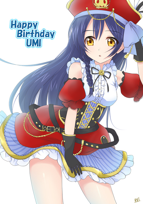 1girl arm_up birthday black_gloves blue_hair character_name commentary_request cowboy_shot eyebrows_visible_through_hair gloves hair_between_eyes happy_birthday hat long_hair love_live! love_live!_school_idol_festival love_live!_school_idol_project miyamori_raira open_mouth pirate_costume pirate_hat simple_background skirt sleeveless solo sonoda_umi yellow_eyes