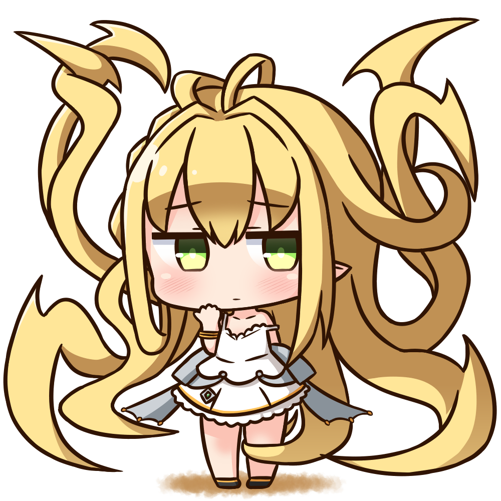 1girl absurdly_long_hair bangs bare_shoulders black_footwear blonde_hair blush chibi closed_mouth collarbone dress eyebrows_visible_through_hair full_body granblue_fantasy green_eyes hair_between_eyes hana_kazari long_hair looking_at_viewer melissabelle prehensile_hair shoes sleeveless sleeveless_dress solo standing very_long_hair white_dress