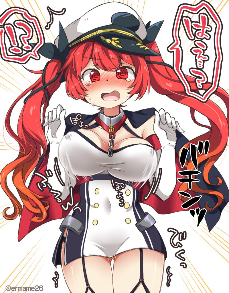 !? 1girl @_@ azur_lane bangs black_capelet black_panties black_ribbon blush bouncing_breasts breasts breasts_apart buttons capelet chains cleavage collarbone commentary_request covered_navel cowboy_shot dress elbow_gloves emphasis_lines erect_nipples eromame eyebrows eyebrows_visible_through_hair facing_viewer garter_straps gloves gluteal_fold gradient_hair hair_ribbon halterneck hat honolulu_(azur_lane) legs_together long_hair medium_breasts microdress military_hat motion_lines multicolored multicolored_clothes multicolored_dress multicolored_hair nose_blush open_mouth orange_hair panties peaked_cap red_eyes redhead ribbon side_slit solo speech_bubble standing sweat tears thigh_gap tongue twintails twitter_username two-tone_dress two-tone_hair underwear white_gloves