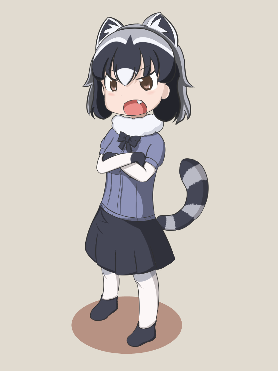 animal_ears black_hair bow bowtie commentary_request common_raccoon_(kemono_friends) crossed_arms elbow_gloves fang fur_collar gloves grey_hair highres kemono_friends open_mouth pantyhose piwahunu pleated_skirt puffy_short_sleeves puffy_sleeves raccoon_ears raccoon_tail short_hair short_sleeves skirt tail white_hair