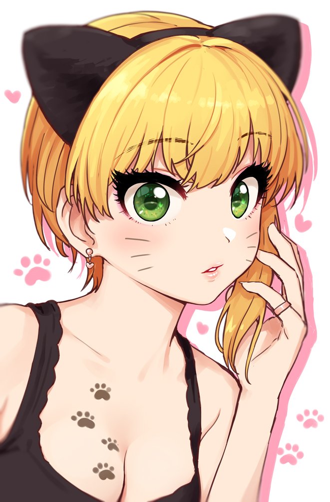 1girl animal_ears asymmetrical_hair black_camisole blonde_hair breasts camisole cat_ears cleavage commentary earrings eyebrows_visible_through_hair eyelashes fake_animal_ears green_eyes hairband heart heart_earrings idolmaster idolmaster_cinderella_girls jewelry looking_at_viewer miyamoto_frederica omaru_gyuunyuu parted_lips paw_print ring short_hair simple_background solo upper_body whisker_markings