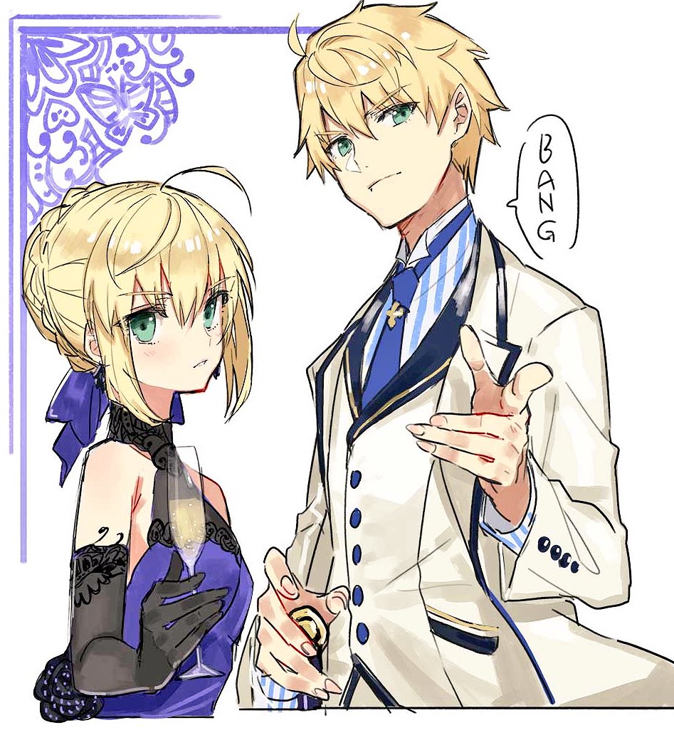 1boy 1girl ahoge artoria_pendragon_(all) blonde_hair blue_dress braid champagne_flute cup dress drinking_glass english fate/grand_order fate/prototype fate/stay_night fate_(series) formal french_braid green_eyes looking_at_viewer necktie saber saber_(fate/prototype) simple_background suit teshima_nari upper_body white_background white_suit