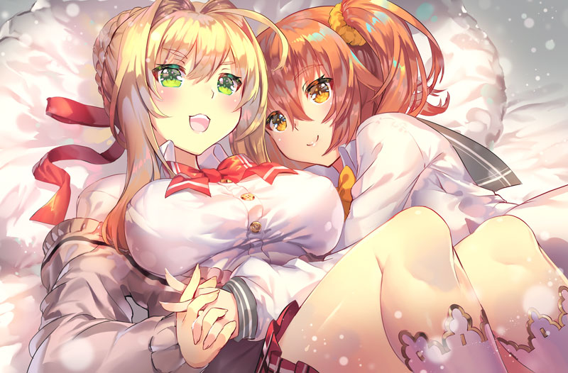 2girls aguy ahoge blonde_hair blush breasts closed_mouth commentary_request fate/extra fate/grand_order fate_(series) fujimaru_ritsuka_(female) glowing glowing_eyes green_eyes hair_between_eyes hair_ornament hair_scrunchie hand_holding large_breasts long_sleeves looking_at_viewer lying multiple_girls nero_claudius_(fate)_(all) on_back one_side_up open_mouth orange_eyes orange_hair scrunchie side_ponytail smile