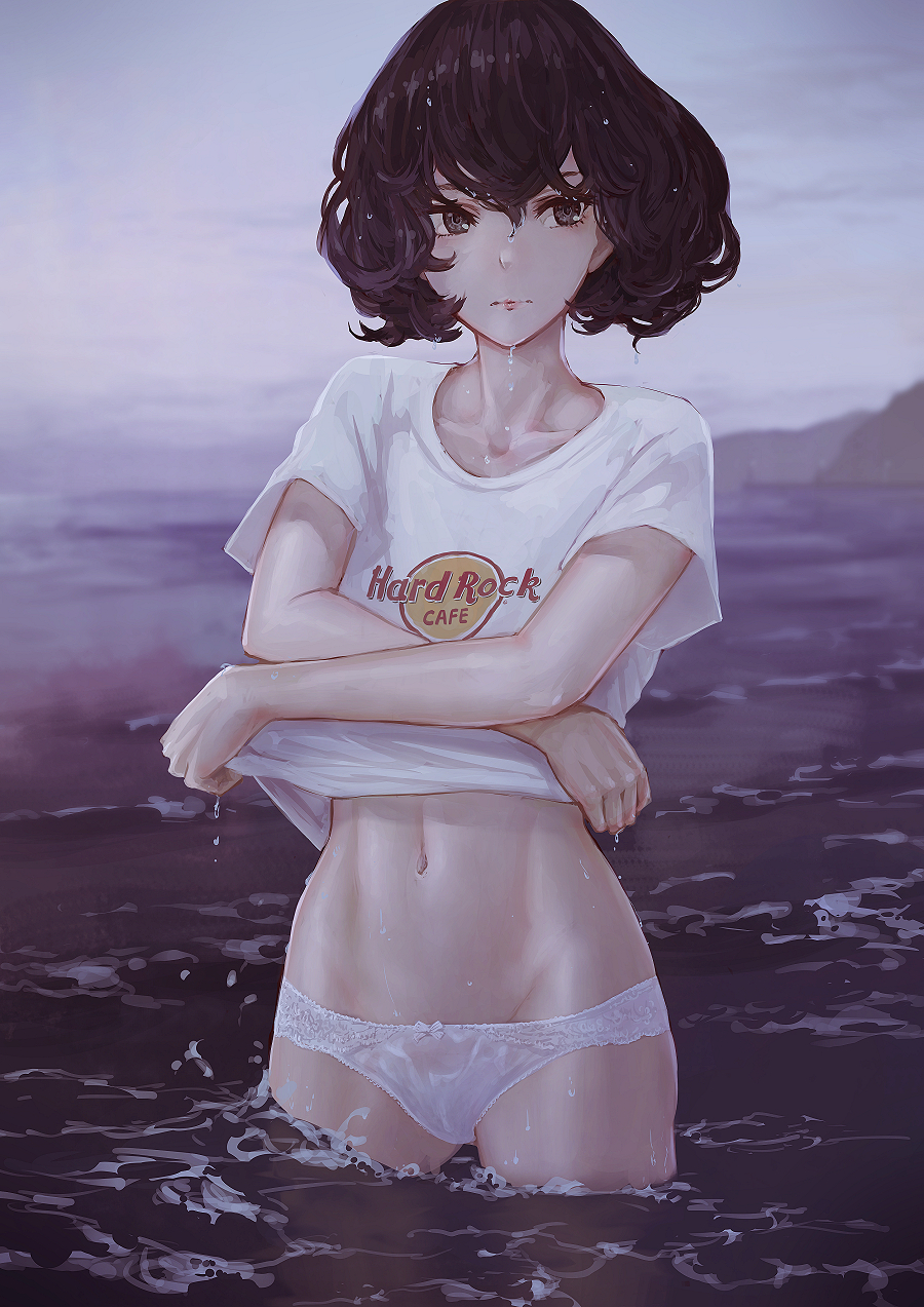 1girl bangs black_eyes black_hair bow bow_panties closed_mouth clothes_writing clouds cloudy_sky collarbone day dripping fog highres lifted_by_self lips looking_at_viewer navel ocean original outdoors panties see-through shirt shirt_lift short_hair short_sleeves sky solo stomach t-shirt underwear undressing wading water water_drop wet wet_clothes wet_hair wet_panties wet_shirt white_bow white_panties white_shirt yasukura_(shibu11)