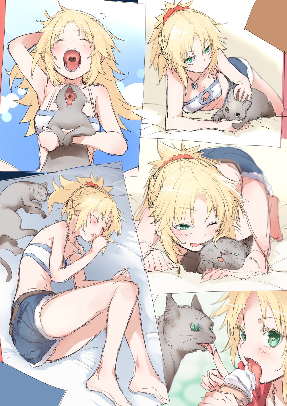 1girl bandeau belt blonde_hair blush breasts cat cleavage cutoffs denim denim_shorts eyebrows_visible_through_hair fangs fate/grand_order fate_(series) fetal_position food green_eyes highres ice_cream licking long_hair looking_at_viewer lying messy_hair mordred_(fate)_(all) mozu_(peth) multiple_views on_side one_eye_closed ponytail saber_of_red shorts sketch small_breasts teeth uvula yawning