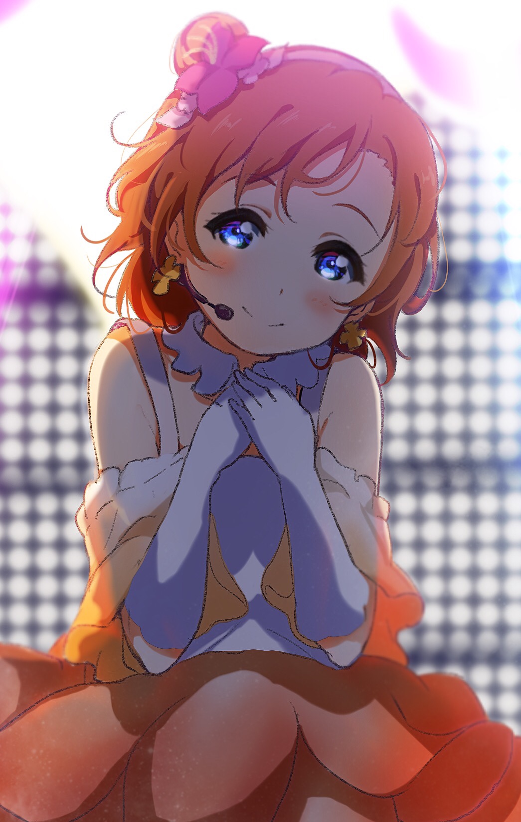 1girl alternate_hairstyle blue_eyes bokutachi_wa_hitotsu_no_hikari detached_collar earrings flower gloves hair_flower hair_ornament hands_together headset highres icehotmilktea jewelry kousaka_honoka looking_at_viewer love_live! love_live!_school_idol_project orange_hair orange_skirt side_bun skirt smile solo white_gloves