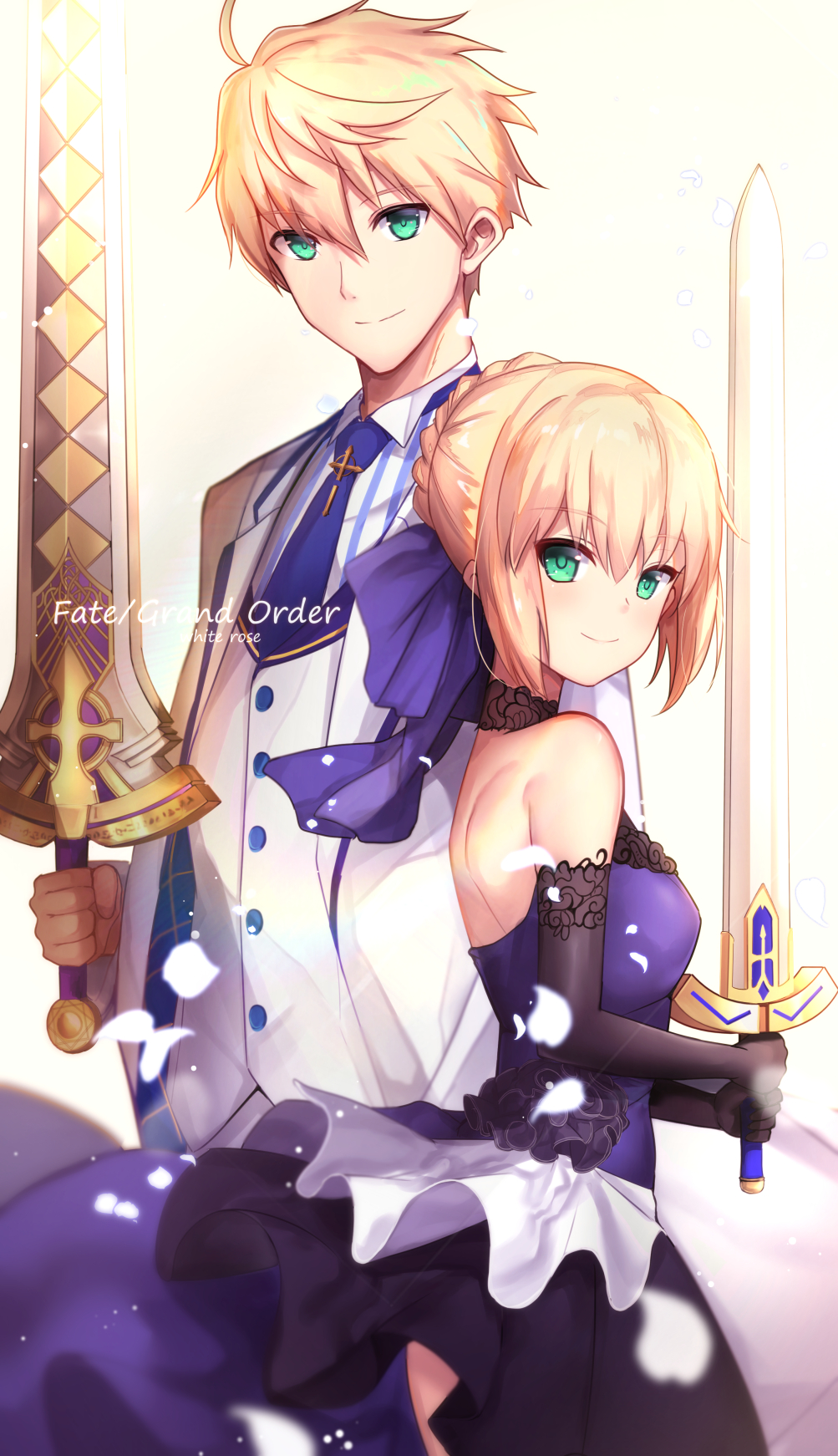 1boy 1girl ahoge artoria_pendragon_(all) bangs bare_shoulders black_gloves blonde_hair blue_neckwear blue_shirt blurry braid breasts buttons closed_mouth collared_shirt commentary copyright_name cross depth_of_field dress elbow_gloves english_commentary excalibur excalibur_(fate/prototype) eyebrows_visible_through_hair fate/extella fate/extella_link fate/extra fate/grand_order fate/prototype fate/prototype:_fragments_of_blue_and_silver fate_(series) formal french_braid gloves green_eyes hair_between_eyes hair_ribbon halterneck highres holding holding_sword holding_weapon jacket latin_cross long_sleeves looking_at_viewer looking_to_the_side motion_blur necktie open_clothes open_jacket petals purple_dress purple_ribbon ribbon rose_petals saber saber_(fate/prototype) shiny shiny_hair shirt short_hair shoulder_blades sidelocks sleeveless sleeveless_dress small_breasts smile standing striped striped_shirt suit sword tie_clip two-handed untsue waistcoat weapon white_jacket white_shirt white_suit wind wind_lift yellow_background