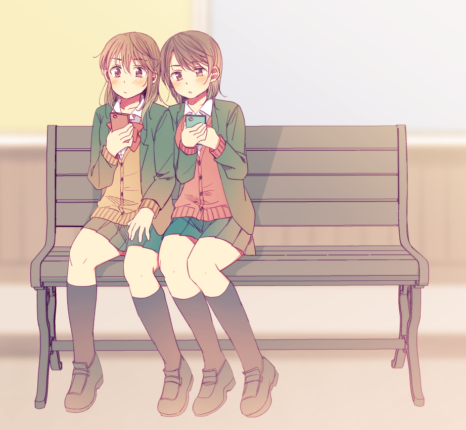 2girls bangs bench bent_elbows bent_knees black_legwear blurry blurry_background blush brown_hair cardigan cellphone commentary_request eyebrows_visible_through_hair hachiko_(hati12) hair_between_eyes hand_on_own_thigh kneehighs long_hair looking_at_phone multiple_girls original parted_lips phone red_sweater ribbon school_uniform shoes short_hair sitting skirt smartphone sweater yellow_sweater