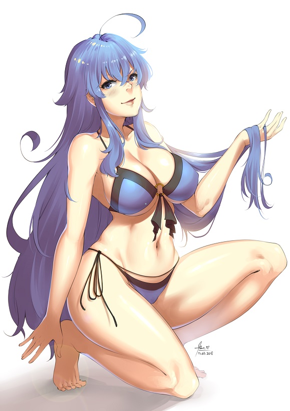 ahoge barefoot bikini blue_bikini blue_eyes blue_hair breasts character_request dated fate/grand_order fate_(series) front-tie_top full_body large_breasts lips long_hair looking_at_viewer lulu-chan92 signature simple_background smile squatting swimsuit white_background