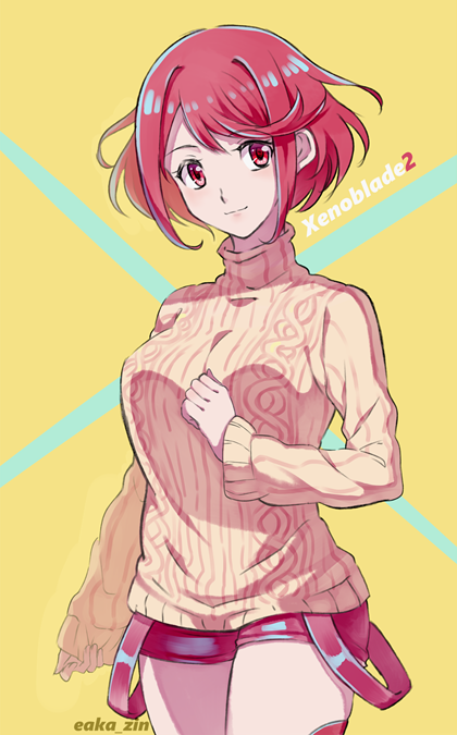 1girl blush breasts pyra_(xenoblade) looking_at_viewer red_eyes redhead short_hair shorts simple_background smile solo sweater xenoblade xenoblade_2 zin_(mame_denkyu)