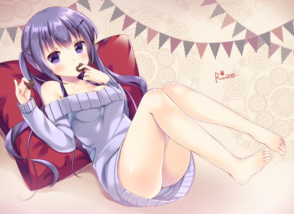 1girl bare_shoulders barefoot blush breasts character_name chocolate chocolate_heart commentary_request gochuumon_wa_usagi_desu_ka? hair_ornament hairclip heart irori long_hair looking_at_viewer lying medium_breasts on_back pillow purple_hair solo sweater tedeza_rize violet_eyes