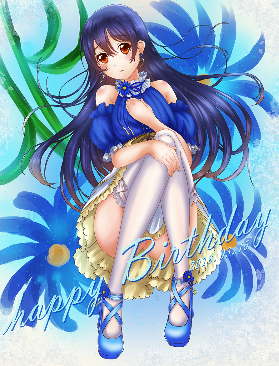 1girl bare_shoulders birthday blue_hair blush character_name commentary_request dated dress earrings eyebrows_visible_through_hair floral_background frills full_body hair_between_eyes happy_birthday jewelry long_hair looking_at_viewer love_live! love_live!_school_idol_festival love_live!_school_idol_project solo sonoda_umi thigh-highs watatsuki_dai_usagi-ko white_legwear yellow_eyes