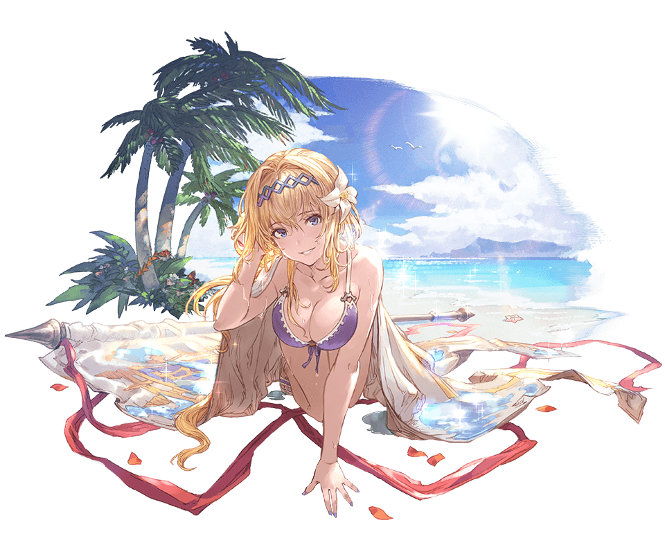 1girl all_fours bare_shoulders battle_standard beach bikini blonde_hair blue_eyes blush breasts cleavage clouds collarbone day flower front-tie_bikini front-tie_top granblue_fantasy hair_flower hair_ornament hairband jeanne_d'arc_(granblue_fantasy) large_breasts long_hair looking_at_viewer minaba_hideo nail_polish ocean official_art outdoors palm_tree purple_bikini purple_nails sandals sky smile solo starfish swimsuit transparent_background tree water wet wet_hair