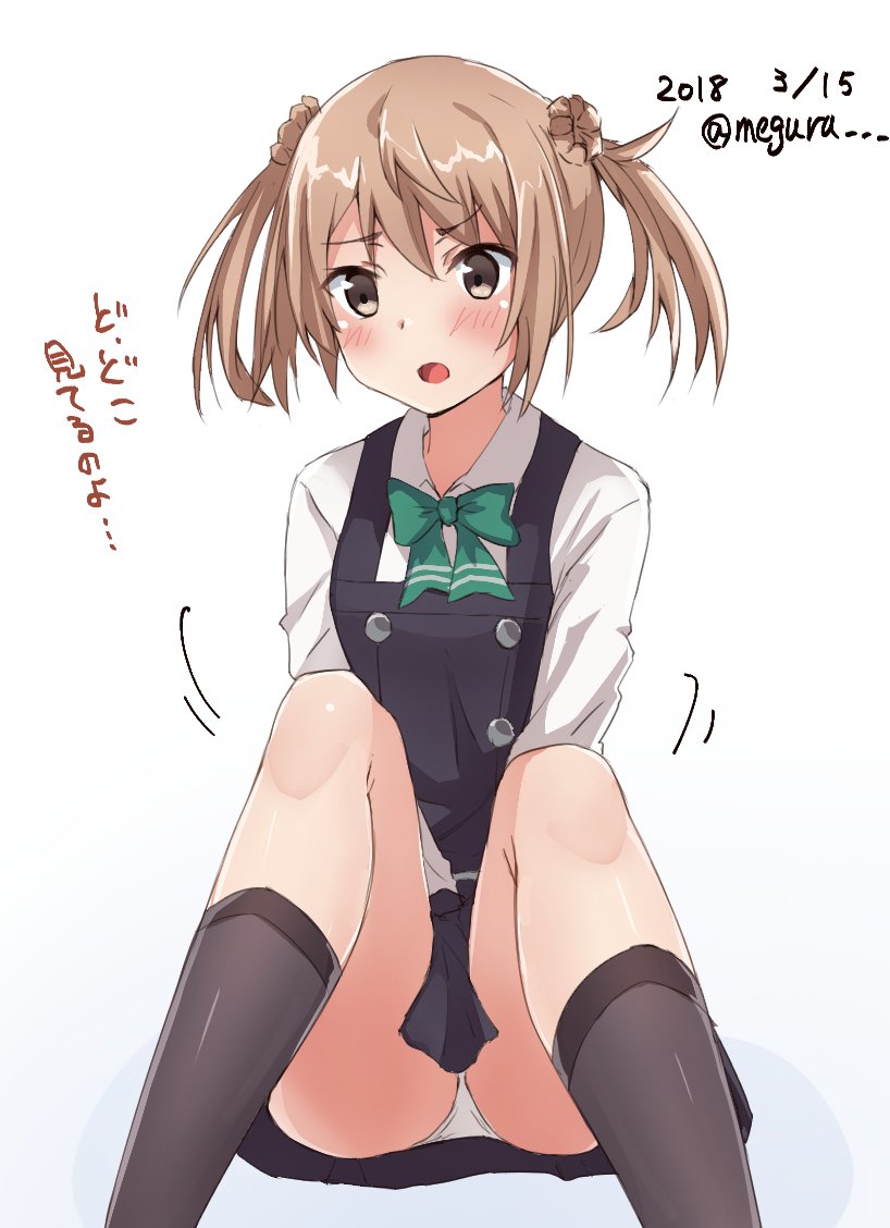 1girl brown_eyes brown_hair commentary_request dated dress hair_bun kantai_collection meguru_(megurunn) michishio_(kantai_collection) open_mouth panties pantyshot pantyshot_(sitting) pinafore_dress remodel_(kantai_collection) shirt short_hair short_twintails simple_background sitting solo translation_request twintails twitter_username underwear white_background white_shirt