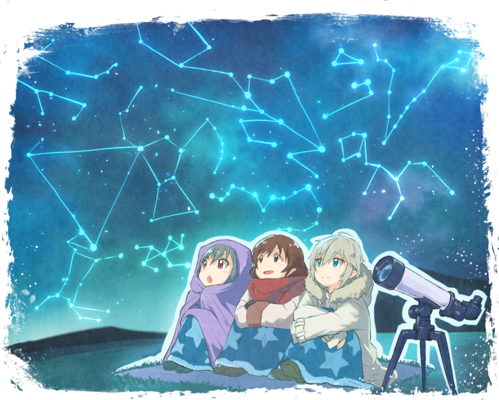 3girls anastasia_(idolmaster) blanket blue_eyes brown_eyes brown_hair coat constellation fur_trim grass grey_hair idolmaster idolmaster_cinderella_girls kanzaki_ranko leg_hug long_hair marimo_(momiage) multiple_girls night night_sky nitta_minami open_mouth outdoors red_eyes scarf short_hair silver_hair sitting sky smile star star_(sky) star_print starry_sky telescope winter_clothes winter_coat